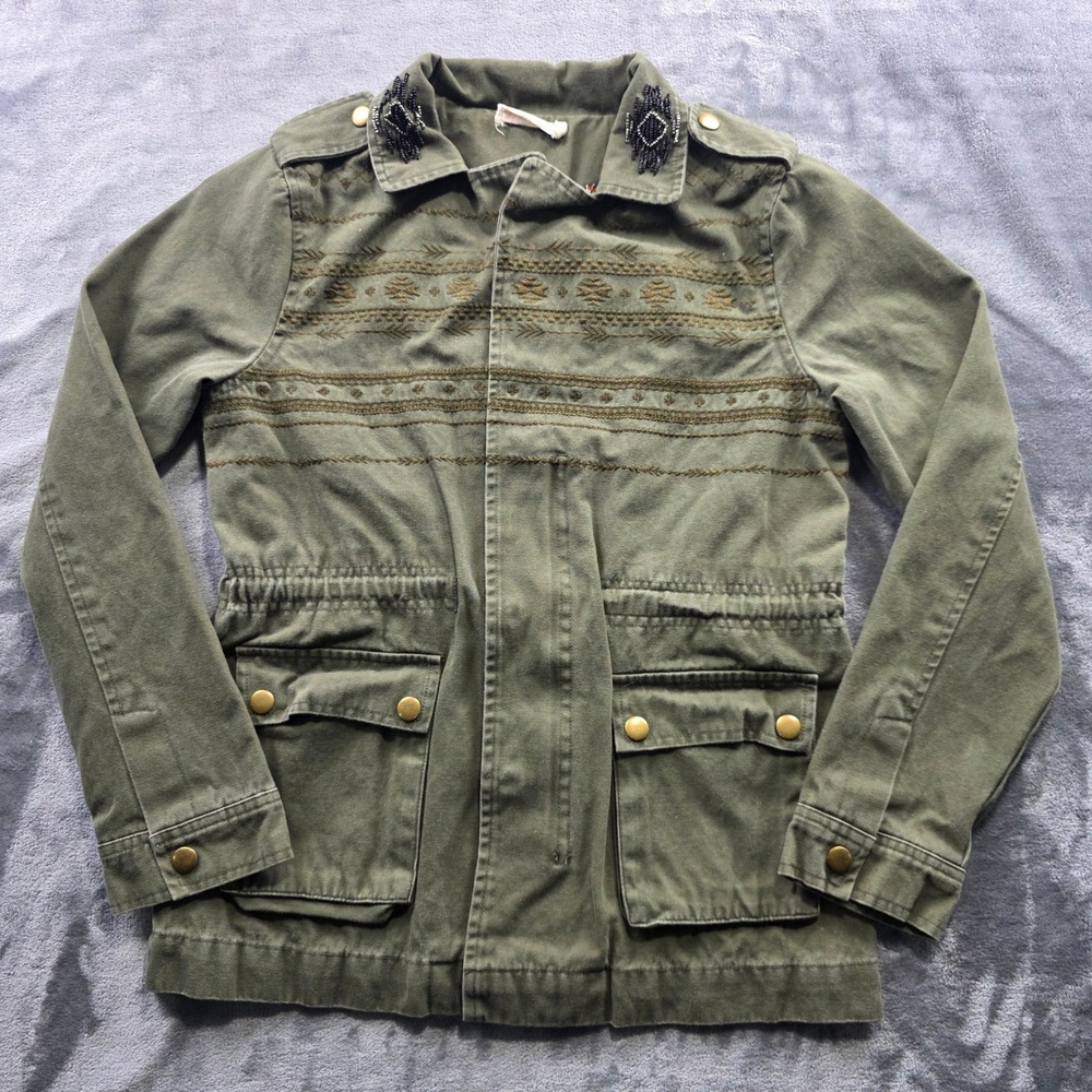 Miss Me Womens L Olive Green Military Utility Jacket Embroidered Beaded Collar